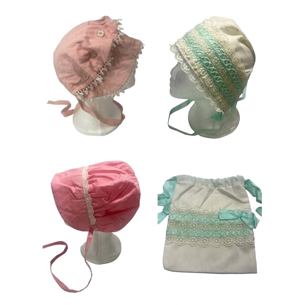 Vintage Set Handmade Baby Bonnets & One Matching Storage Bag Lace Read